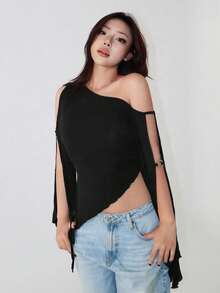 SHEIN X YERIMUA Hippie ROMWE X Isabelle Nguyen 春夏復古不對稱收腰蝙蝠袖休閒女款T恤 - 黑色 - 查看 3