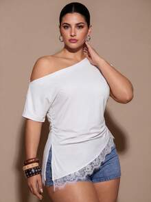 SHEIN BAE CURVE 大尺碼女款純色不對稱單肩抓皺休閒百搭日常T恤 - 白色 - 查看 5