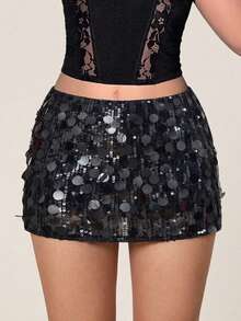 SHEIN ICON Black Low Rise Sequin Decor Bodycon Mini Skirt Night Autumn - Grey - View 3