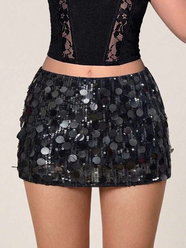 SHEIN ICON Black Low Rise Sequin Decor Bodycon Mini Skirt Night Autumn