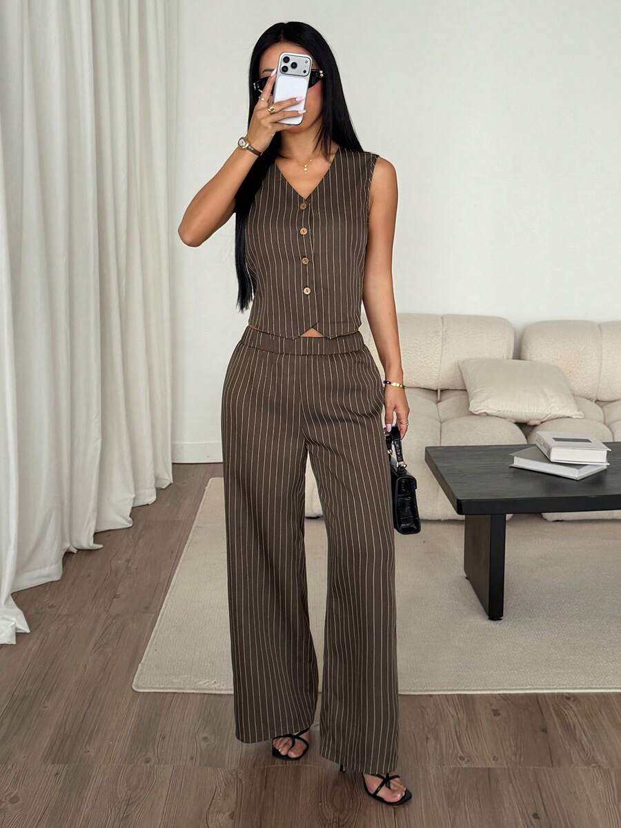 SHEIN PETITE 女款夏季純色單排扣背心與長褲休閒兩件套 教師節 辦公商務 棕色條紋 - 棕色 - 查看 1