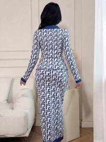 Feyla Women's Geometric Pattern Collar Button Design Sweater - Navy Blue - View 2