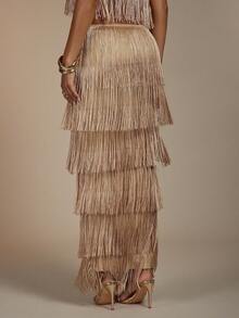 Hauture Women's Champagne Gold Summer Seductive Night Out Hanging Tassels Fringe Trim Layered Maxi Skirt, Elegant Cocktail Party - Khaki - View 3