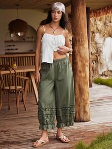 Lullawish Women's Bohemian Style 100% Cotton Ruffle Hem Romantic Loungewear Lantern Pants - Army Green - View 3