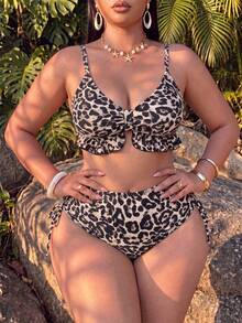SHEIN Swim Plus Size Women's Summer Beach Leopard Print Sexy Fashion Bikini Two-Piece Swimwear Set - Multicolor - View 1