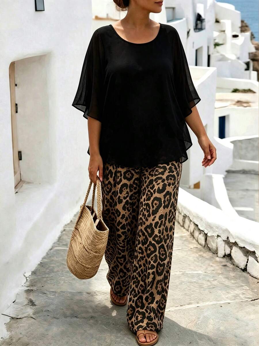 Linhara CURVE Casual Round Neck Chiffon Leopard Print Batwing Sleeve Top And Solid Color Long Pants Plus Size Women 2-Piece Set - Black - View 1