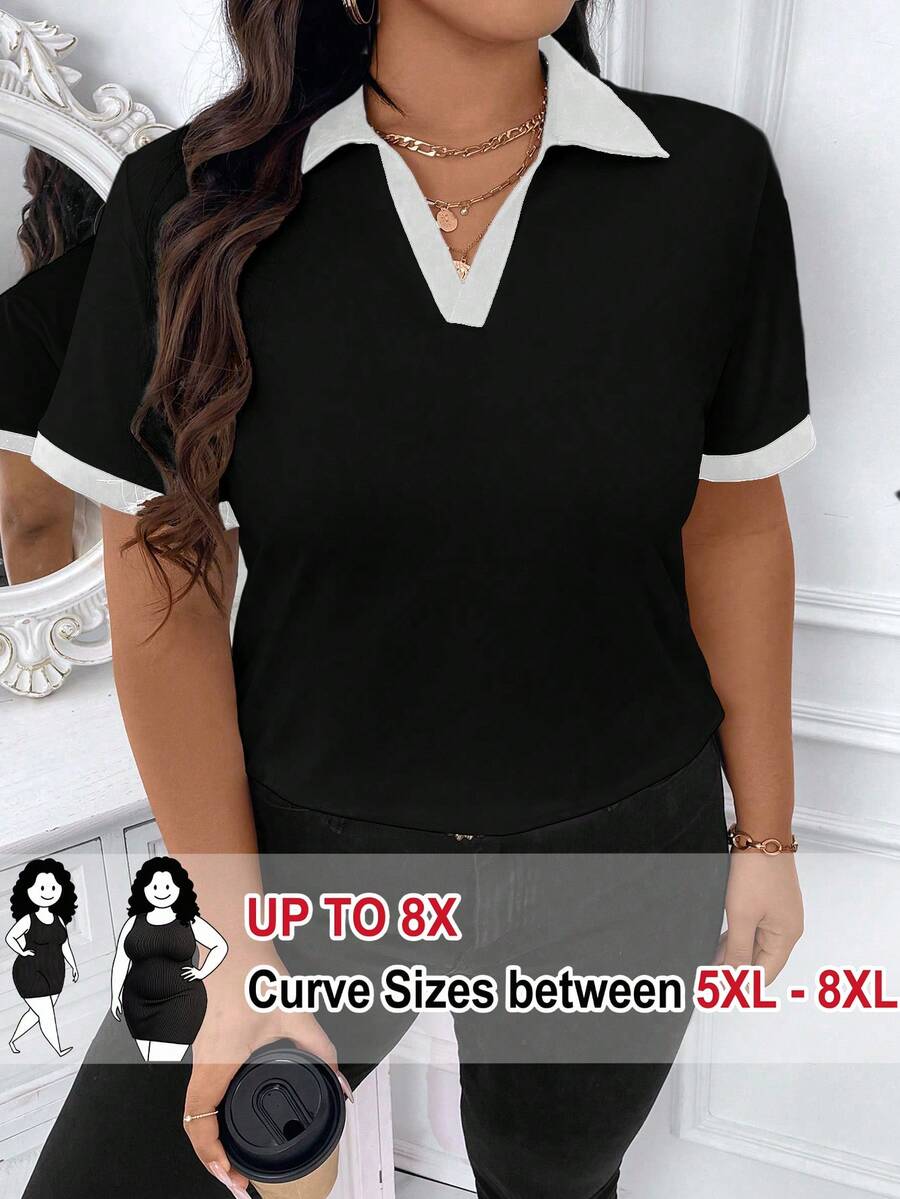 SHEIN CURVE+ 大码女式休闲通勤户外百搭撞色短袖T恤,春夏款 - 黑色 - 查看 1