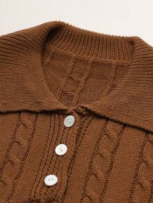 Linhara CURVE Plus Size Women's Knit Sweater & Skirt Set With Shell Buttons, Solid Color Ribbed Collar, Elegant Casual Style For Daily Commute, Office And Vacation - Khaki - View 5