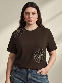 Anewsta Plus Size Women's Floral Print Casual Versatile Daily Short Sleeve T-Shirt - Coffee Brown - View 6