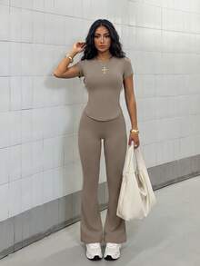 StreetHx Women's Solid Color Round Neck Short Sleeve Top And Flared Leg Pants Sports Set - Khaki - View 1