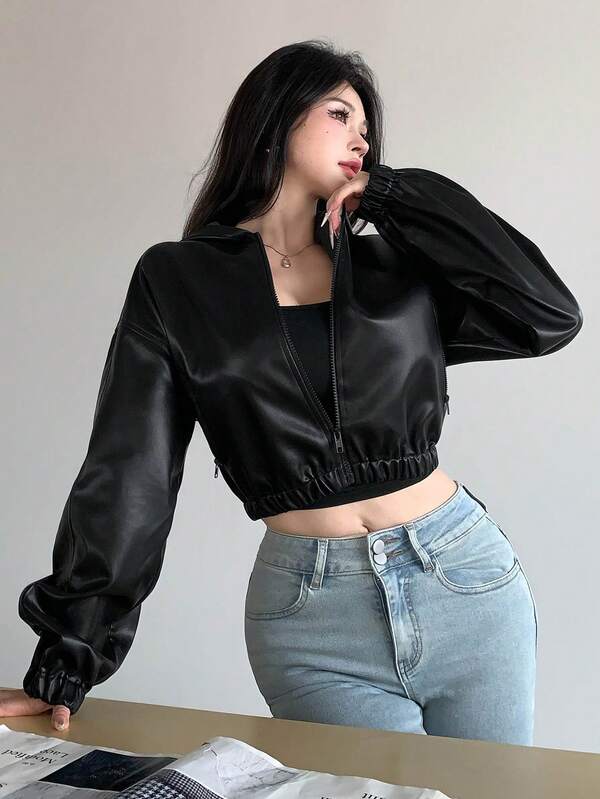 DAZY Women's Solid Color PU Leather Long Sleeve Zipper Front Cropped Jacket