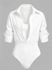 SHEIN 大尺碼女款純色翻領 2 合 1 休閒連身衣 - 白色 - 查看 1