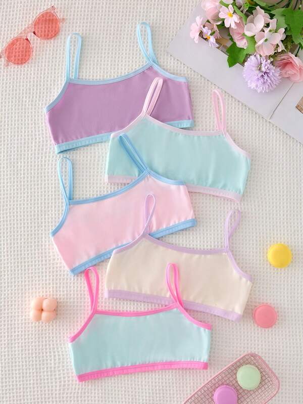 5pcs/Set Girls Cute Sweet Macaron Color Contrast Ribbon Minimalist Fashion Multi-Color Casual Daily Camisole Tank Top Underwear, Made Of High Elastic Knit Fabric, Suitable For All Seasons