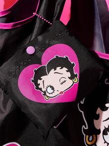 Betty Boop x SHEIN 復古 Pin-Up Girl 與愛心印花可折疊聚酯纖維購物袋，可重複使用超市購物袋附收納袋 - 黑色和粉色 - 查看 4
