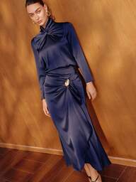 MOTF PREMIUM AUTUMN/WINTER WOMEN'S NAVY BLUE SATIN BLOUSE & SKIRT WITH METAL DECORATION 2 PIECES SET, ELEGANT COMMUTER STYLE
