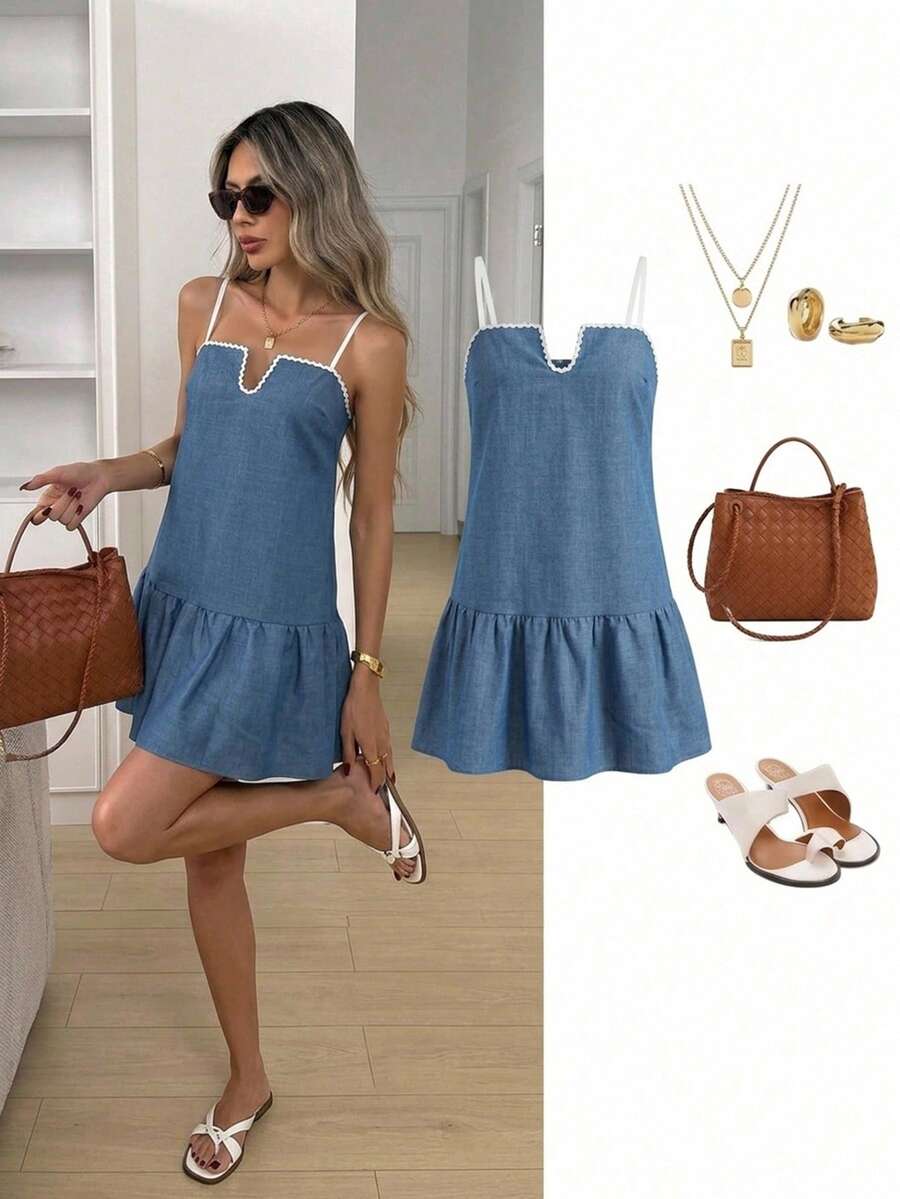 Easowa Women's Wavy Trim Ruffle Hem Cami Mini Dress Bohemian Vacation Dress - Blue - View 1