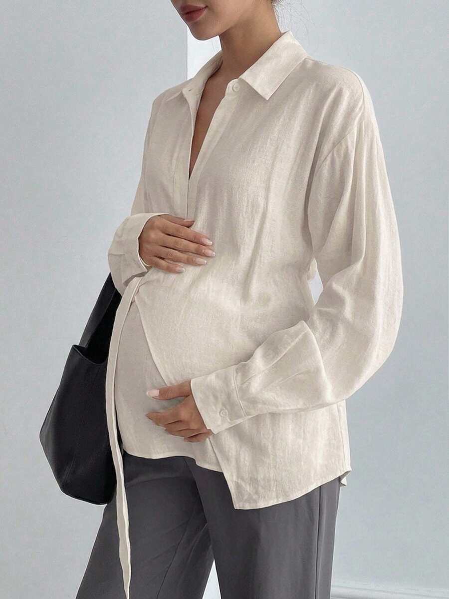 DAZY Áo sơ mi bầu tay dài dáng rộng màu trắng trơn, thiết kế cổ bẻ thắt nơ, áo blouse công sở cho mùa xuân hè thu - trắng - Xem 1