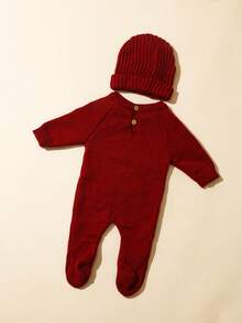 SHEIN HELLO World 新生兒攝影服裝 紅色針織嬰兒連身褲 腳套式連身衣 出生公告 紅黑配色 秋季可愛款 - 紅色 - 查看 5