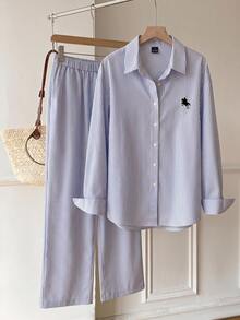 SHEIN EZwear 女款藍白條紋梭織長袖襯衫與長褲休閒套裝，適合夏季上衣、通勤、約會、學校教師、畢業 - 藍色 - 查看 6