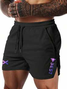 Gym Rark Men's Letter Print Drawstring Waist Pocket Sports Shorts 2pcs/Set - Black - View 3