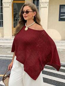 Easura 女款春夏秋時尚休閒不規則鏤空露肩寬鬆顯瘦大尺碼長袖套頭針織上衣，外穿、海灘、度假 - 酒紅色 - 查看 4