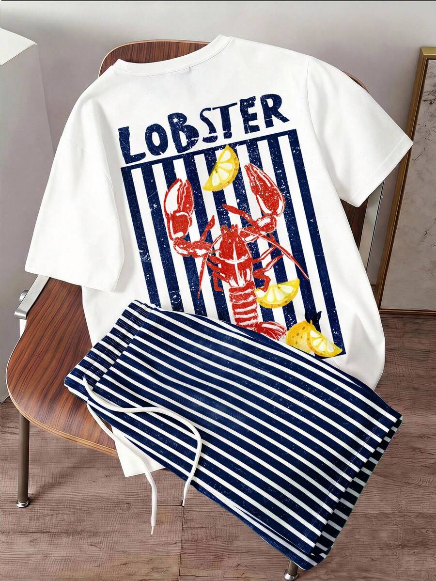 Daypath Men's Letter & Lobster Print Short Sleeve T-Shirt And Drawstring Waist Shorts Set - Blue - View 1