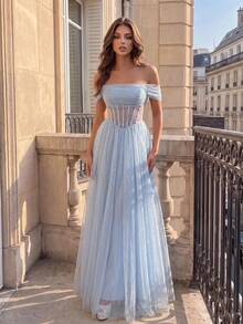 Poshira Women's Off-Shoulder Cinched Waist Elegant Ball Gown Dress (Intricate Design) - Blue - View 4