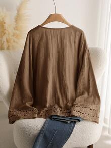 CosyJoli Plus Size Casual Lace-Up Ruffle Patchwork Textured Fabric V-Neck Long Sleeve Shirt Fall - Brown - View 2