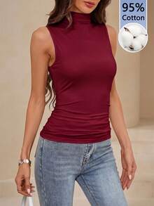 Amorya Women's Solid Color Pleated Slim Fit Versatile Daily Wear Top - Burgundy - View 1