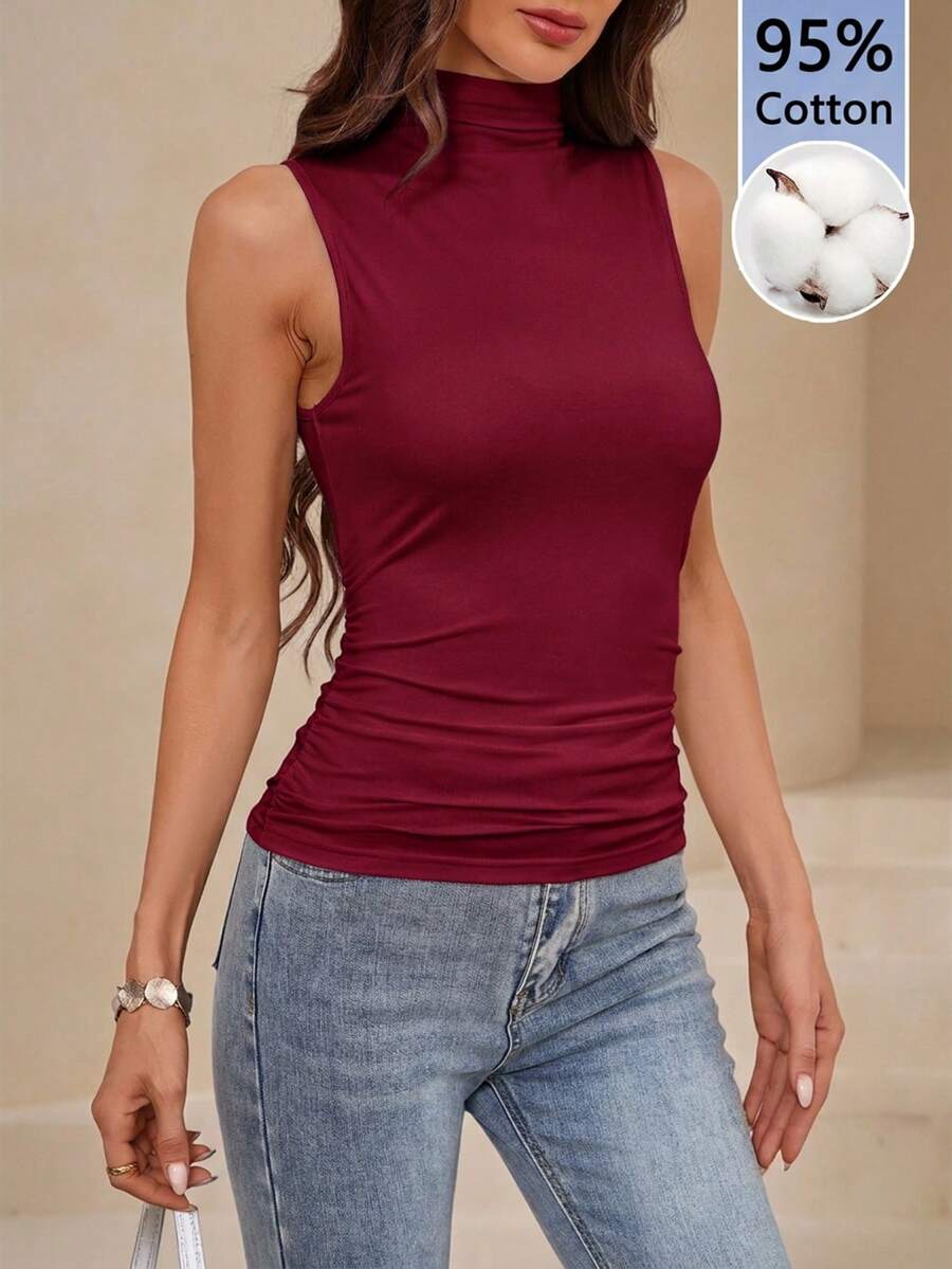 Amorya Women's Solid Color Pleated Slim Fit Versatile Daily Wear Top - Burgundy - View 1