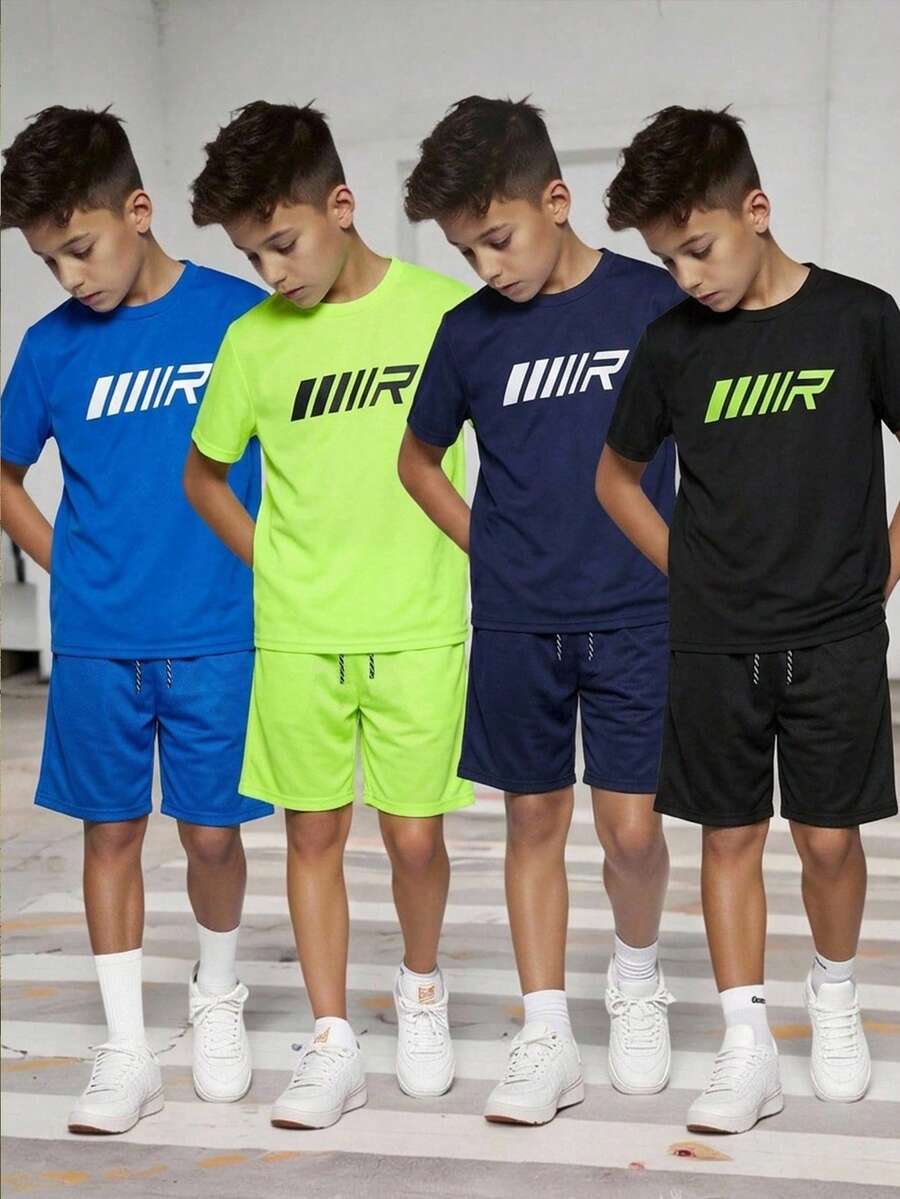 SHEIN 青少年男孩買6送2,8件/套休閒純色與字母圖案短袖圓領T恤及彈性腰短褲套裝,適合秋冬春夏,戶外玩耍、學校、街頭、派對與休閒穿著 - 彩色 - 查看 1