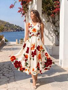 SHEIN Franclia 女士时尚休闲无袖简约定位印花连衣裙，收腰喇叭裙，适合夏季休闲度假、春夏通勤、居家、约会、日常穿着、夏季、派对、海滩、毕业季、商务办公等场合，百搭时尚日常穿搭，V领收腰连衣裙，收腰喇叭裙 - 彩色 - 查看 1