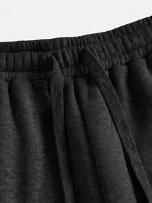 SHEIN Girlism 青少年女孩春夏黑色雪花印花修身紐約英文刺繡羅紋針織長袖連身衣與休閒極簡復古街頭風雪花印花休閒長褲2件套 - 黑色 - 查看 5