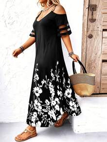 EMERY ROSE Plus Size Shoulder Strap Off-Shoulder Short Sleeve Dress Maxi Women Outfit - Multicolor - View 6