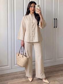 Elenzga Off-White Washed Textured Linen Chinese Style Stand Collar Frog Button Top & Wide Leg Pants Set, Zen Chinese Style Daily Commute & Tea Party Outfit - Apricot - View 5
