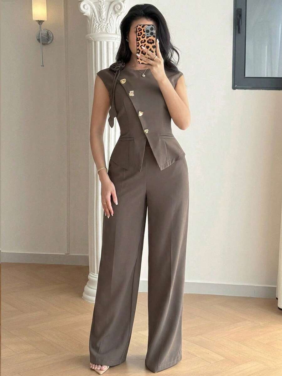 Feyla New Asymmetrical Cap Sleeve Slimming Vest Top With Handmade 3D Floral Decor, High-End Commuting Elegant Wide-Leg Pants Set - Brown - View 1