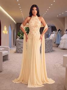 Glamrae Elegant Luxury Yellow Sequin Fabric Chiffon Patchwork Halter Neck Cup Pleated Decoration Flounce Mermaid Skirt Party Dress Wedding Guest Dress Summer - Yellow - View 5