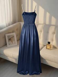 SHEIN Franclia 女士纯色褶皱仿珍珠吊带优雅吊带连衣裙 - 藏蓝色 - 查看 2