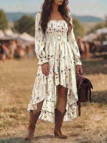 LanaWest CURVE Vacation Style Square Neck Long Sleeve Dress, Bohemian Style Dress With Asymmetrical Ruffle Hem, Plus Size Fall - Multicolor - View 3