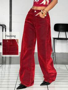 Jeanoix Women's Casual Streetwear Versatile Daily Wear  Flocked Denim Long Pants With Pockets Work Going Out Dark Red Summer - Red - View 8