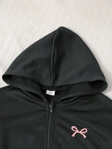 SHEIN Genkimix Kids 2件組 青少年女孩套裝 連帽長袖前開拉鍊短版外套，腰部與袖口收緊，搭配鬆緊腰寬鬆寬腿休閒運動長褲，秋冬款 - 深灰色 - 查看 3