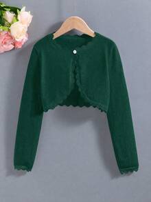 SHEIN Elladie kids 青少年女孩極簡時尚百搭披肩式開襟外套 - 墨綠色 - 查看 1