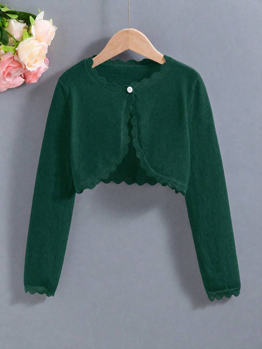SHEIN Elladie kids 青少年女孩極簡時尚百搭披肩式開襟外套 - 墨綠色 - 查看 1