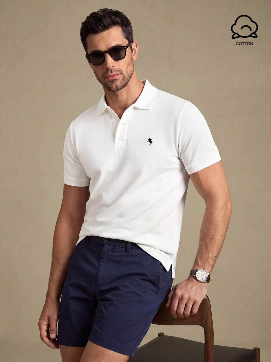 Lornavo Men's Cotton Summer Casual Versatile White POLO Shirt Golf - White - View 1