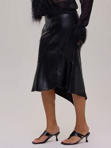 MUSERA Plus Size Black PU Low Waist Midi Skirt Winter Fall Going Out Womens Outfit - Black - View 4