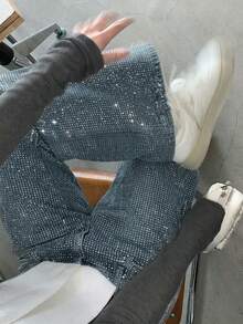 DAZY Women's Rhinestone Embellished Casual Loose Wide-Leg Jeans, Korean Style - Blue - View 1