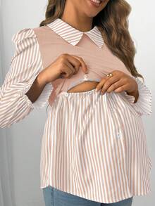 SHEIN Top de lactancia de maternidad con rayas y patchwork - Caqui - Ver 4