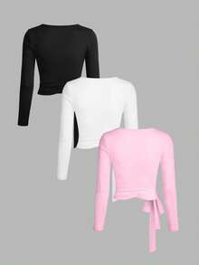 DrmWander Plus Size Solid Color V-Neck Tie Wrap Long Sleeve Cropped T-Shirt Fall - Multicolor - View 2