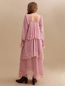 CielaLinda Women's Lace Trim Ribbon Chiffon Maxi Dress, Long Sleeve Flowy Dress, Romantic Boho Dress - Pink - View 2