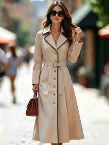 SHEIN Elenzya Women's Autumn Fashion Belted Trench Coat - Khaki - View 3